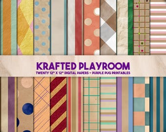 Krafted Playroom - Seamless Kraft Texture Digital Paper, Retro Dots and Stripes, Junk Journal Backgrounds, Instant Download Scrapbook Pack