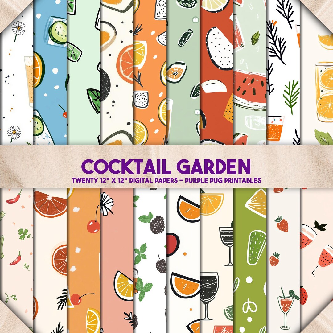 Cocktail Garden - Cocktail Digital Paper, Fruit Seamless Patterns ...