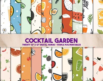 Cocktail Garden - Cocktail Digital Paper, Fruit Seamless Patterns, Summer Drink Scrapbook Kit, Tropical Juice Clipart, Instant Download