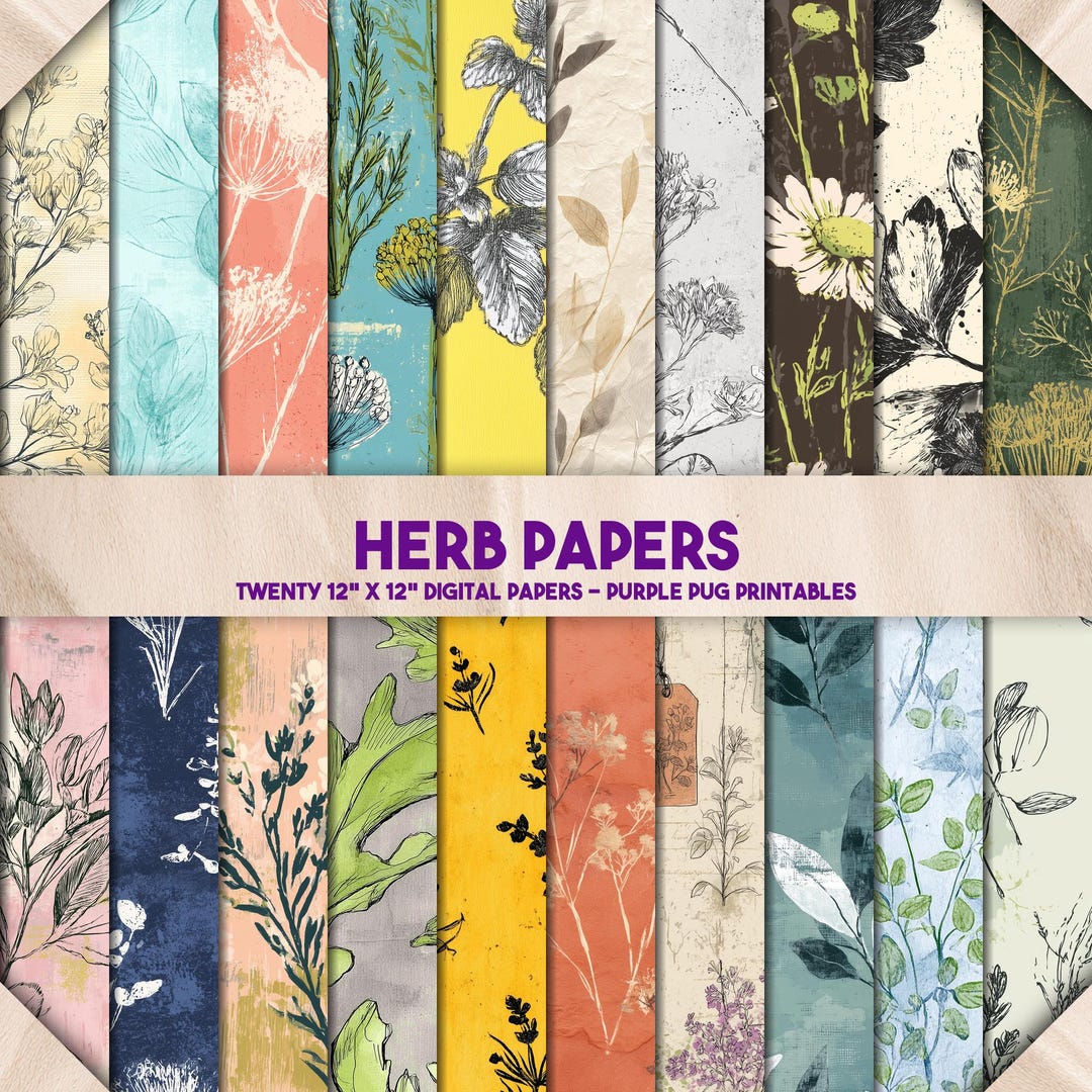 Herb Papers - Herb Digital Paper Pack, Botanical Junk Journal Pages ...