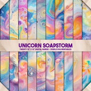 May include: Twenty digital papers featuring abstract swirls of pink, blue, yellow, and white with iridescent bubbles. The papers are 12 inches by 12 inches and are titled "Unicorn Soapstorm - Purple Pug Printables".