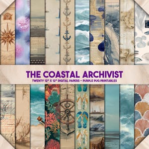 The Coastal Archivist - Beach junk journal kit, sea ephemera pages, vintage nautical scrapbook paper, digital ocean printable download