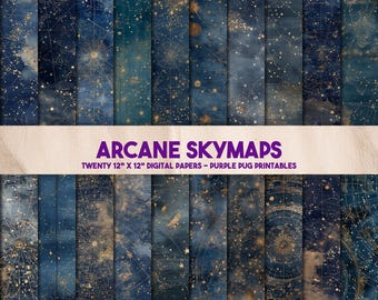 Pode incluir: Vinte papéis digitais de 30,5 x 30,5 cm com mapas celestes vintage com constelações e estrelas em um fundo azul escuro com detalhes dourados. Arcane Skymaps - Purple Pug Printables.