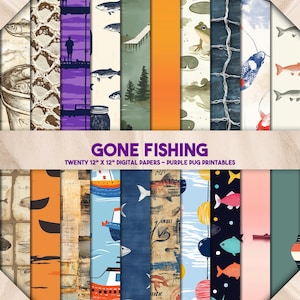 Gone Fishing – Seamless Fishing Digital Paper Pack, Angler Scrapbook Papers, Rustic Outdoor Journaling Kit, Instant Download Backgrounds