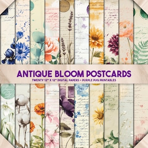 Cartoline Antique Bloom - Pacchetto di carta digitale floreale vintage, pagine di cartoline botaniche dipinte a mano per diari di scrapbooking, scrapbooking e artigianato