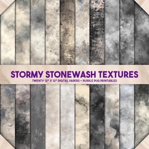 Op de afbeelding: Een verzameling van twintig digitale papieren met een stormachtige stonewash textuur. Elk papier meet 30,48 cm x 30,48 cm en heeft een unieke mix van grijze, beige en zwarte tinten. De tekst "STORMY STONEWASH TEXTURES" is zichtbaar.
