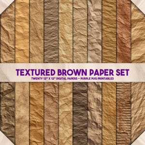 May include: Twenty digital papers, each 30.5 cm x 30.5 cm, featuring a textured brown paper design. The papers range in colour from light beige to deep brown, with visible creases and folds. The text "TEXTURED BROWN PAPER SET" is on a purple banner.