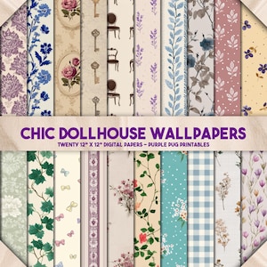 Könnte beinhalten: Eine Sammlung von zwanzig digitalen Puppenhaus-Tapeten im Format 30,48 cm x 30,48 cm. Die Designs zeigen florale Muster, Schlüssel, Stühle und Vintage-Elemente in verschiedenen Farben, darunter Lila, Blau und Creme. Der Text "CHIC DOLLHOUSE WALLPAPERS" ist zu sehen.