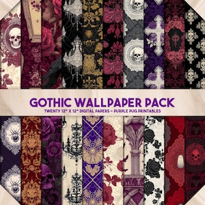 May include: A collection of twenty 12" x 12" digital papers with a gothic theme. The designs feature skulls, roses, chandeliers, and other dark, ornate patterns in shades of black, purple, gold, and red. The text "GOTHIC WALLPAPER PACK" is displayed.