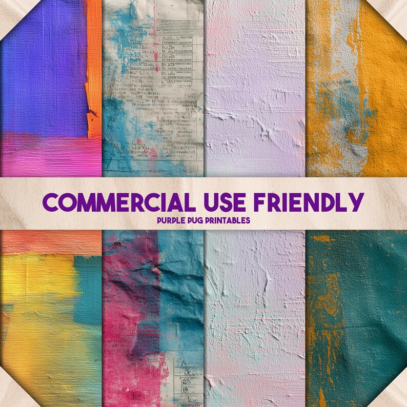 K&ouml;nnte beinhalten: Eine Sammlung abstrakter digitaler Kunstdrucke mit einer Vielzahl von Texturen und Farben, darunter Lila, Orange, Blau, Rosa und Gold. Die Drucke sind mit "COMMERCIAL USE FRIENDLY" und "PURPLE PUG PRINTABLES" beschriftet.