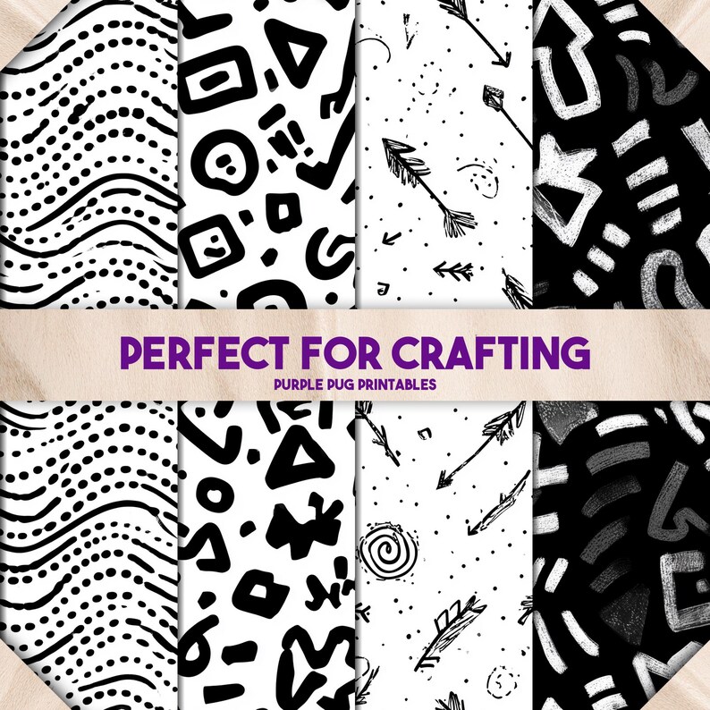 May include: A collection of eight black and white patterned designs. The patterns include dots, geometric shapes, arrows, and abstract brushstrokes. The text "PERFECT FOR CRAFTING" and "PURPLE PUG PRINTABLES" are displayed on a banner across the image.