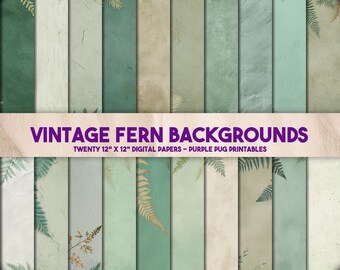 Vintage Fern Backgrounds - Botanical digital paper, fern background, vintage scrapbook paper, journal page, nature texture, rustic green set