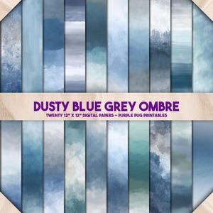 Dusty Blue Grey Ombre - Seamless Ombre Watercolour Digital Paper, Dusty Blue Backgrounds, Ocean Gradient Textures, Instant Download