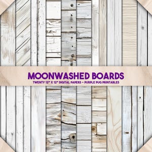 Tableros lavados por la luna - Papel digital de madera blanca, fondos de tablones rústicos sin costuras, veta de madera blanqueada texturizada, descarga instantánea