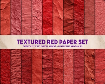 May include: A collection of twenty digital papers in various shades of red, each with a unique textured appearance. The papers are 12" x 12" and feature a variety of textures, from smooth to heavily creased. The text "TEXTURED RED PAPER SET" is displayed across the image.