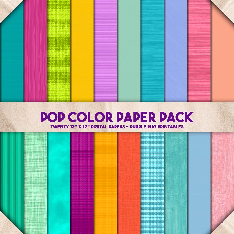 May include: A collection of twenty 12" x 12" digital papers in various bright colors. The papers include textures like wood grain, linen, and dotted patterns. The text "POP COLOR PAPER PACK" and other details are displayed on a banner.