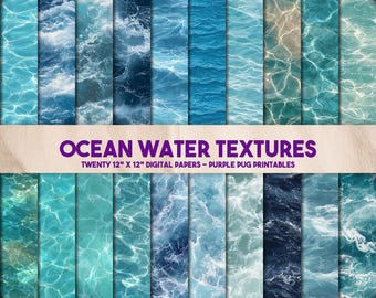 Könnte beinhalten: Eine Sammlung von zwanzig digitalen Papieren mit den Maßen 30,48 cm x 30,48 cm, die verschiedene blaue Ozeanwassertexturen zeigen. Das Bild zeigt eine Reihe von Wassermustern, von ruhigen Oberflächen bis hin zu turbulenten Wellen. Der Text "OCEAN WATER TEXTURES" ist in Lila dargestellt.