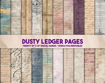 Dusty Ledger Pages - Vintage ledger paper, aged ephemera, antique document textures, junk journal pages, printable scrapbook kit