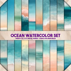 Może przedstawiać: Zestaw dwudziestu cyfrowych papierów o wymiarach 30,5 cm x 30,5 cm z akwarelowymi wzorami o tematyce oceanicznej. Papiery przedstawiają różne odcienie niebieskiego, turkusowego i brzoskwiniowego, przedstawiające sceny oceaniczne, fale i plaże. Tekst "OCEAN WATERCOLOR SET" jest wyświetlany na fioletowo.