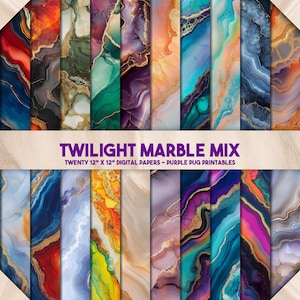May include: Twenty digital papers featuring abstract marble designs in a mix of vibrant colors, including blue, purple, orange, yellow, and gold. Each paper is 12 inches by 12 inches.