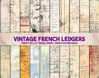 Vintage French Ledgers - Vintage French ledger paper pack, seamless digital journaling sheet, antique bookkeeping ephemera, instant download