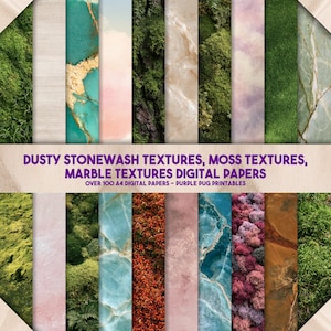 Può includere: Una collezione di carte digitali con varie texture, tra cui muschio verde, marmo con venature dorate, nuvole rosa, corteccia d'albero e licheni. Il testo recita: DUSTY STONEWASH TEXTURES, MOSS TEXTURES, MARBLE TEXTURES DIGITAL PAPERS OVER 100 A4 DIGITAL PAPERS - PURPLE PUG PRINTABLES.