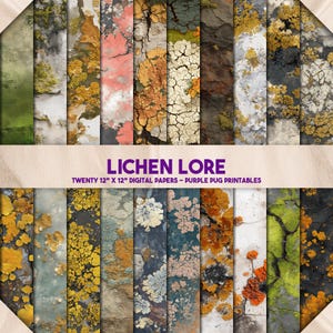 Op de afbeelding: Een verzameling van twintig digitale vellen papier van 30,5 cm x 30,5 cm met verschillende texturen en kleuren. De vellen tonen ontwerpen geïnspireerd door korstmossen, met tinten groen, geel, oranje en grijs. De tekst "Lichen Lore" en "Purple Pug Printables" is zichtbaar.