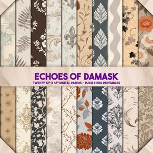 Ecos de Damasco - Papel Digital Damasco Floral Vintage Sem Costura, Texturas de Papel de Parede Desbotadas, Objetos de Diário Inúteis, Estampas Botânicas Barrocas