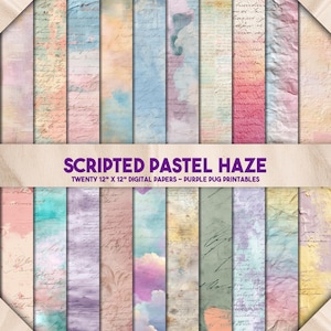 Könnte beinhalten: Eine Sammlung von zwanzig 30,5 cm x 30,5 cm großen Digitalpapieren in Pastelltönen. Jedes Papier hat ein einzigartiges Design mit sanften Rosa-, Blau- und Grüntönen, überlagert mit Schrift. Der Text "SCRIPTED PASTEL HAZE" ist zu sehen.