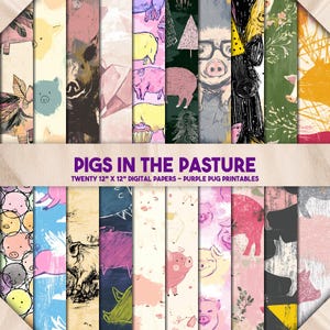 Pigs in the Pasture - Pigs Digital Paper, Seamless Cute Pig Patterns, Kawaii Farm Scrapbook Paper, Junk Journal, Pastel Animal Paper Pack
