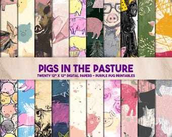 Pigs in the Pasture - Pigs Digital Paper, Seamless Cute Pig Patterns, Kawaii Farm Scrapbook Paper, Junk Journal, Pastel Animal Paper Pack