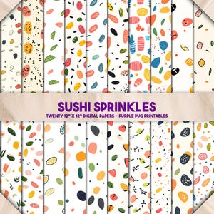 Könnte beinhalten: Zwanzig digitale Papiere mit einem Sushi-Sprinkle-Thema. Die Papiere haben einen weißen Hintergrund mit verschiedenen bunten Formen und Mustern, darunter Sushi-Rollen, Algen und Reis.