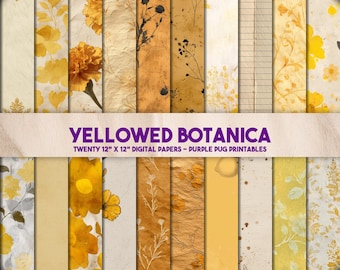 May include: A collection of twenty 12" x 12" digital papers with a botanical theme. The papers feature various yellowed floral and leaf designs, with a mix of textures and patterns. The text "YELLOWED BOTANICA" is displayed across the image.