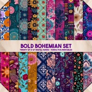 Ensemble bohème audacieux - Paquet de papier numérique sans couture, textures florales bohèmes, motifs mandalas et damassés, style d'impression indienne, ton bijou