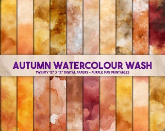 Autumn Watercolour Wash - Seamless digital paper watercolour, autumn tones, amber rust texture, ochre maple background, fall printable paper