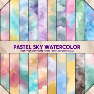 May include: Twenty digital papers with pastel watercolor designs. Each paper has a unique blend of colours, including blues, purples, pinks, and yellows. The text "PASTEL SKY WATERCOLOR" and "TWENTY 12" X 12" DIGITAL PAPERS - PURPLE PUG PRINTABLES" is displayed.