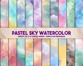 May include: A collection of twenty digital papers with pastel watercolor designs. Each paper features a unique blend of colors, including blues, purples, pinks, and yellows. The text "PASTEL SKY WATERCOLOR" and "TWENTY 12" X 12" DIGITAL PAPERS - PURPLE PUG PRINTABLES" is displayed.