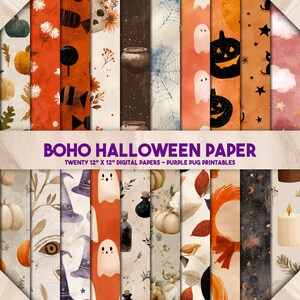 May include: A collection of twenty 12" x 12" digital papers with a Boho Halloween theme. The papers feature various designs including pumpkins, ghosts, and witch hats in orange, brown, and purple hues. Text on the image reads "BOHO HALLOWEEN PAPER".