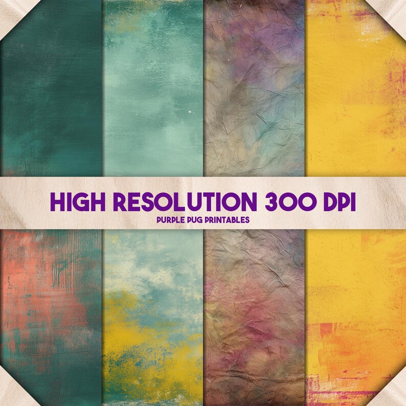 K&ouml;nnte beinhalten: Ein digitales Papierpaket mit acht strukturierten Hintergr&uuml;nden in T&uuml;rkis, Blau, Lila und Gelb. Der Text "HIGH RESOLUTION 300 DPI" und "PURPLE PUG PRINTABLES" ist auf einem lila Banner zu sehen. Die Hintergr&uuml;nde haben ein verwittertes, k&uuml;nstlerisches Aussehen.