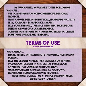 May include: Terms of Use document from Purple Pug Printables. The document is on a light purple background with text in black and purple. The text outlines what you can and cannot do with the designs, including personal use and restrictions on reselling.