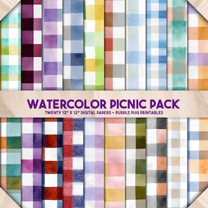 Watercolor Picnic Pack - Nahtloses Aquarell Gingham digitales Papier, karierter Hintergrund, Picknick karierte Textur, Bauernhaus Handwerk Papierbündel
