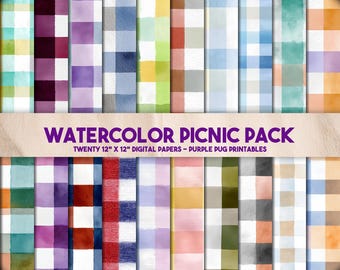 Watercolor Picnic Pack - Seamless watercolor gingham digital paper, plaid background, picnic checkered texture, farmhouse craft paper bundle