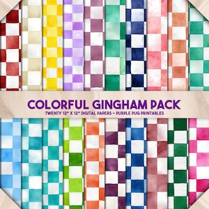 May include: A collection of twenty 12" x 12" digital papers featuring colorful gingham patterns. The designs include various colors such as red, yellow, purple, green, blue, and pink. The text "COLORFUL GINGHAM PACK" is displayed in purple.