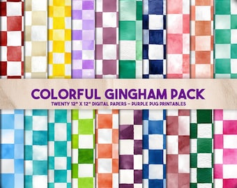Colorful Gingham Pack – Seamless watercolor gingham digital paper, rustic checkered patterns, cottagecore picnic backgrounds for crafts