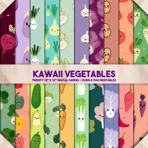 Légumes kawaii - paquet de papier numérique de légumes kawaii, motifs mignons de nourriture sans couture, clipart végétarien Chibi, scrapbooking, téléchargement immédiat