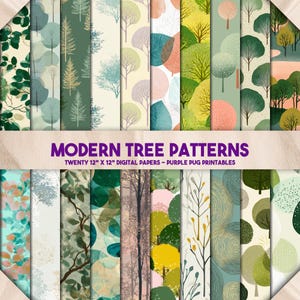 Può includere: Una collezione di venti carte digitali da 30,5 cm x 30,5 cm con motivi di alberi moderni. I disegni presentano illustrazioni di alberi in tonalità di verde, blu, giallo e rosa. Il testo "MODERN TREE PATTERNS" è visualizzato.