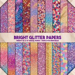 Puede incluir: Veinte papeles digitales con diferentes patrones de purpurina en rosa, azul, dorado y morado. Cada papel mide 30,5 cm por 30,5 cm.