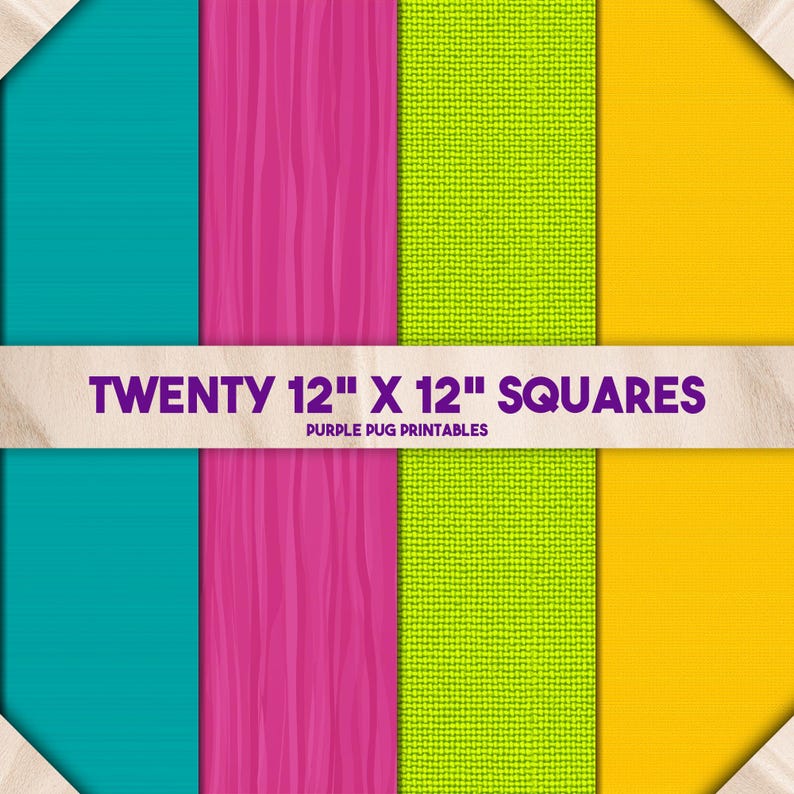 May include: A collection of twenty 12" x 12" squares in various colors and textures. The squares include teal, pink with vertical lines, lime green, and yellow. The text "TWENTY 12" X 12" SQUARES" is displayed across the image.
