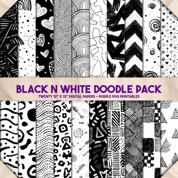 Black n White Doodle Pack - Seamless digital paper pack, black and white doodle patterns, hand-drawn ink textures, minimalist backgrounds