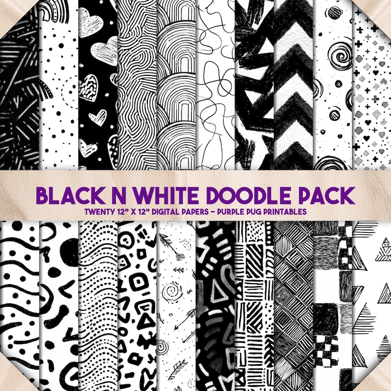 May include: A collection of twenty 12" x 12" digital papers with black and white doodle designs. The patterns include hearts, lines, arrows, and geometric shapes. The text "BLACK N WHITE DOODLE PACK" is displayed.